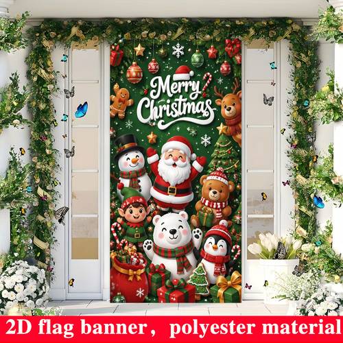 item picture 2d flat 2d door banner 2d flat 2d door banner 1pc 2d flat door cover 2d flat door cover style banner background christmas theme featuring santa claus reindeer and other pattern elements made of polyester fabric
