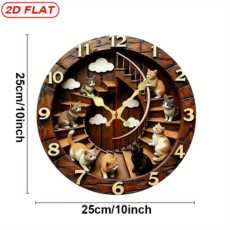 Image of 1pc Modern Minimalist Round Wooden Wall Clock With Spiral Cat Clouds - Silent Quartz Movement Suitable For Bedroom, Kitchen,, Office Decor - Themed Room Gift, Not Included (wooden Face Plate), 2d Flat