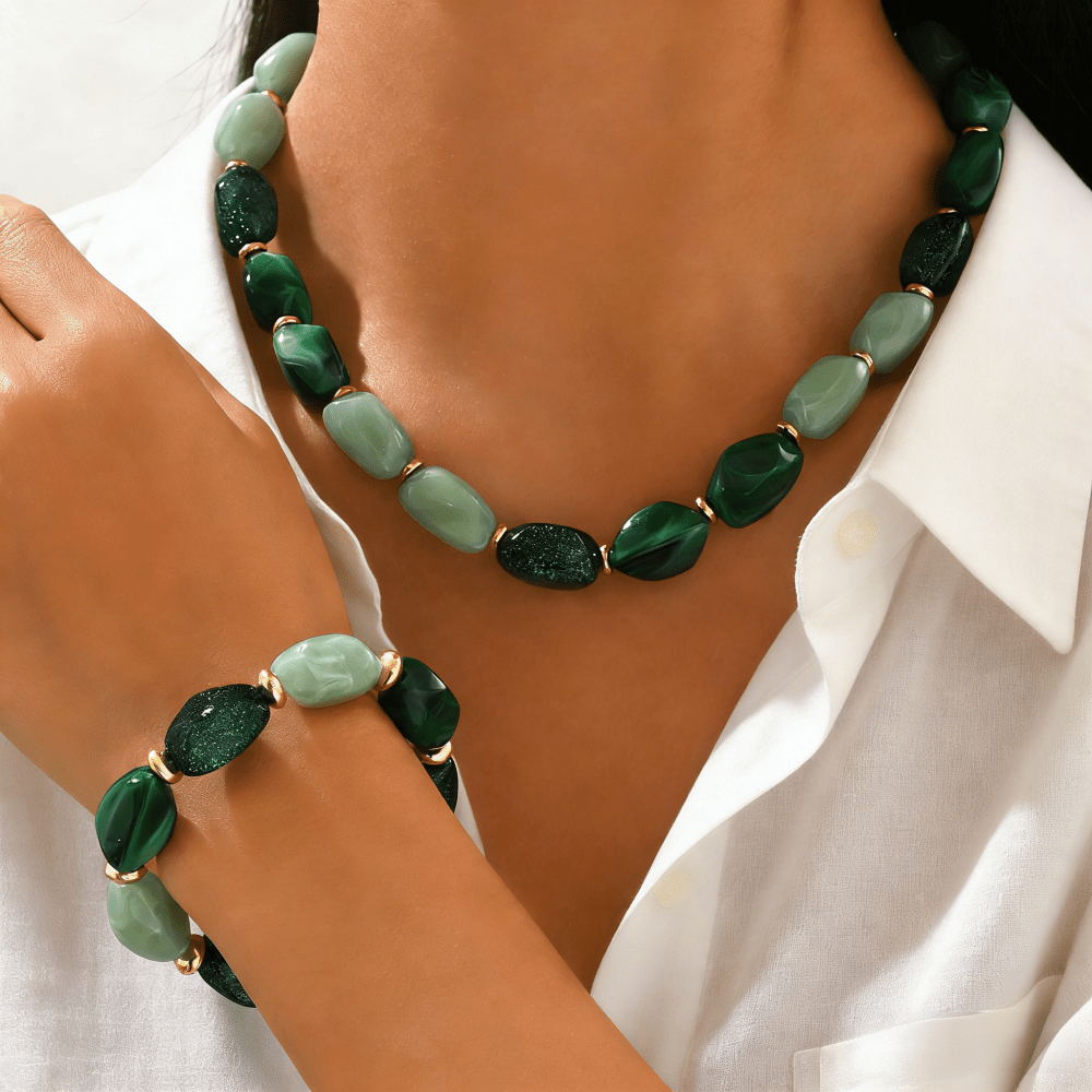 Image of 1 Bracelet + 1 Necklace For Women, Bohemian Green Irregular Oval Resin Beaded Adjustable Necklace With Stretch Bracelet, For Daily Wear, Vacation, And Parties