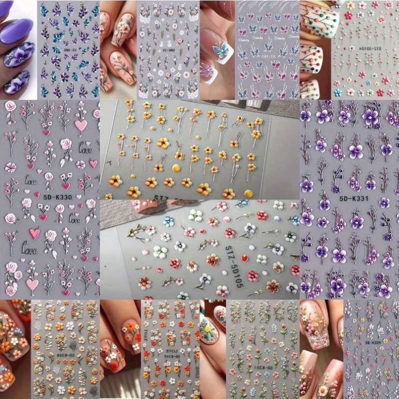 TEMU Set Of 12 Sheets Of 5d Embossed Nail Stickers Featuring Floral And Designs, Including Rose And Daisy Patterns. Self-adhesive Nail Decals Are
