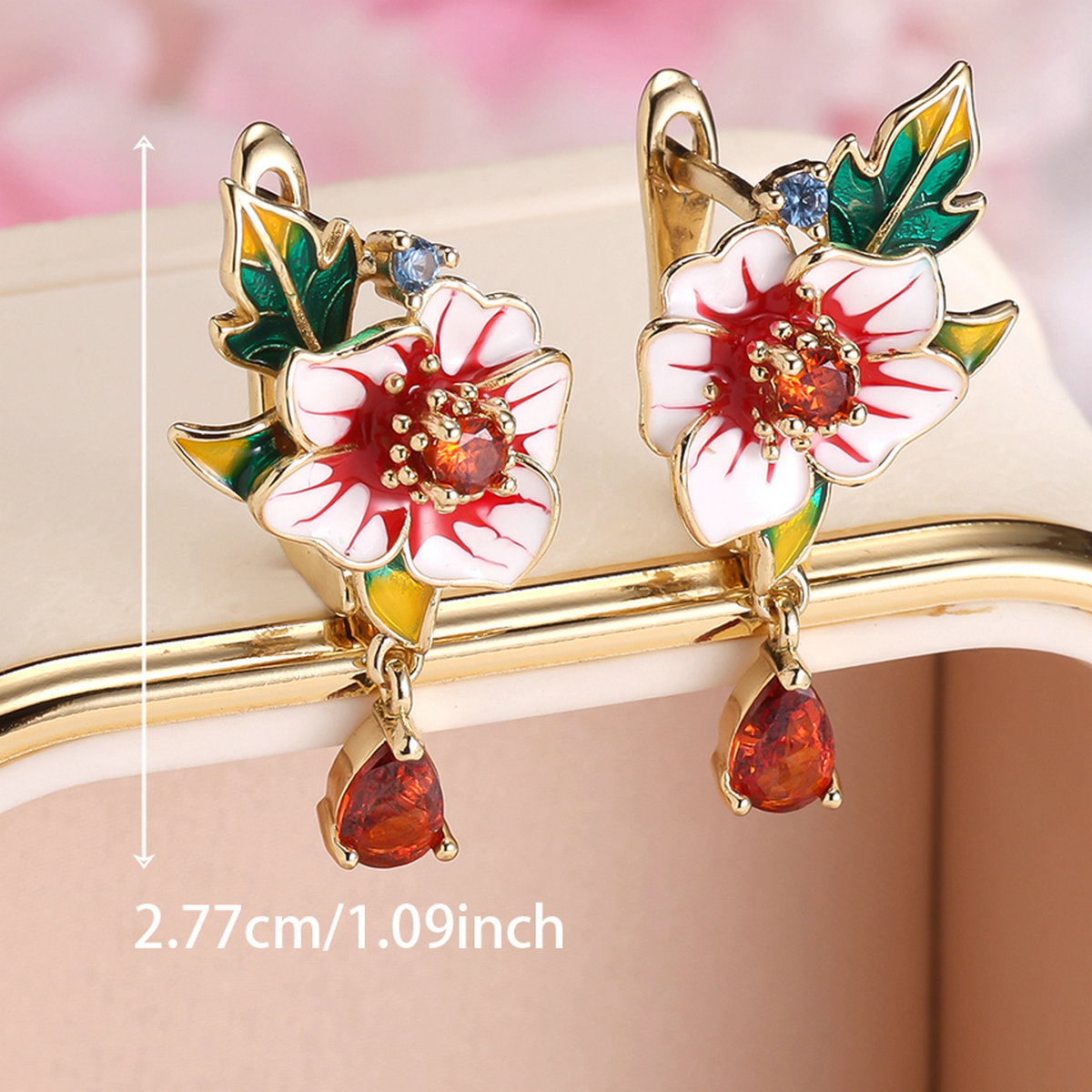 Painted Floral Leaf Shaped Ear Clips with Zirconia