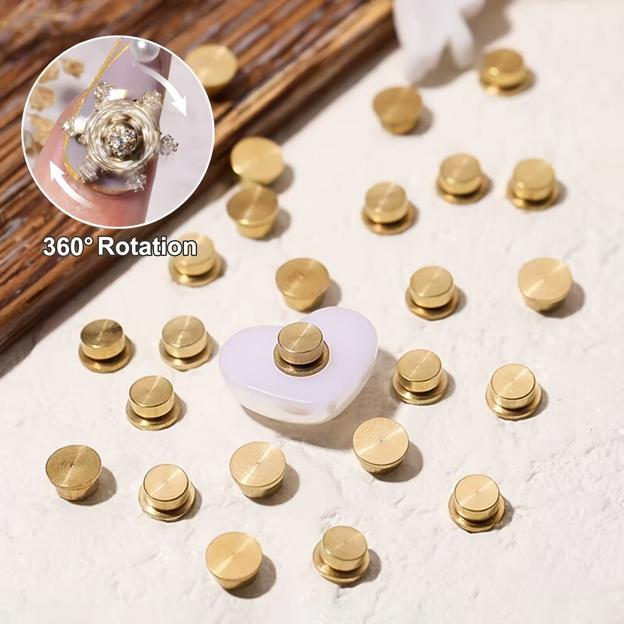 Image of 5pcs Set Of Exquisite Metal Rotating Nail Art Additions, With Precision, Featuring A Bearing Rotating Base And Flower-shaped Studs. High-quality Texture, Flexible And Rotatable