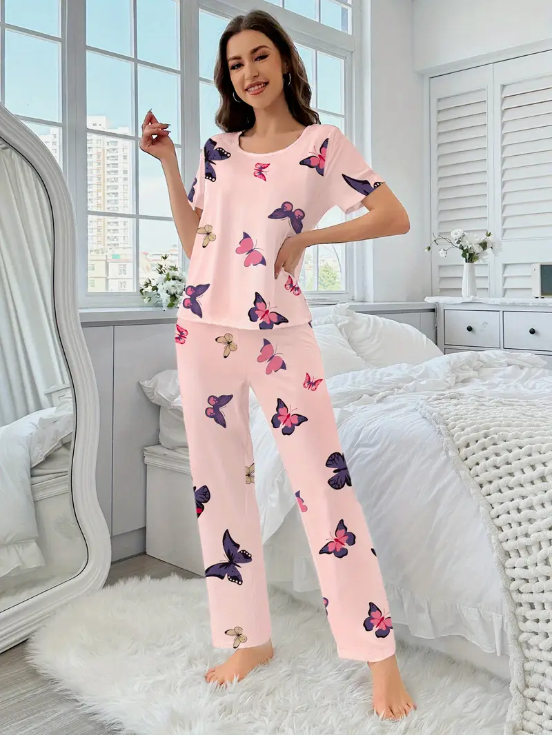 3 sets of 6pcs womens casual polyester white pink top and long pants pajama set heart print fabric short sleeve top with trousers casual loungewear sexy outside Product details 6