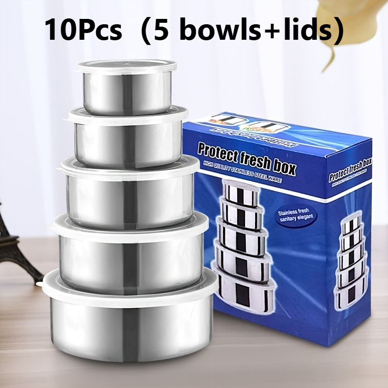 TEMU Ensemble de 10 bols en acier inoxydable (5 bols 5 couvercles), bols ronds multi-tailles avec couvercles étanches, polyvalents pour le stockage,
