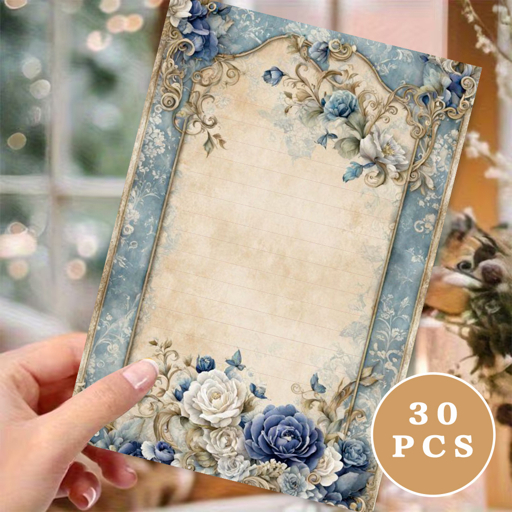 30 stück b5 schreibpapier, vintage lila-blaues premium blumen-briefpapier, ins-stil, einzigartig gestaltetes ästhetisches schreibwaren, party-schreibwaren, gästebuch für freundschaft, liniertes briefpapier, notizblöcke,   für gebets-tagebücher, journaling, brieffreund-zubehör, schüler