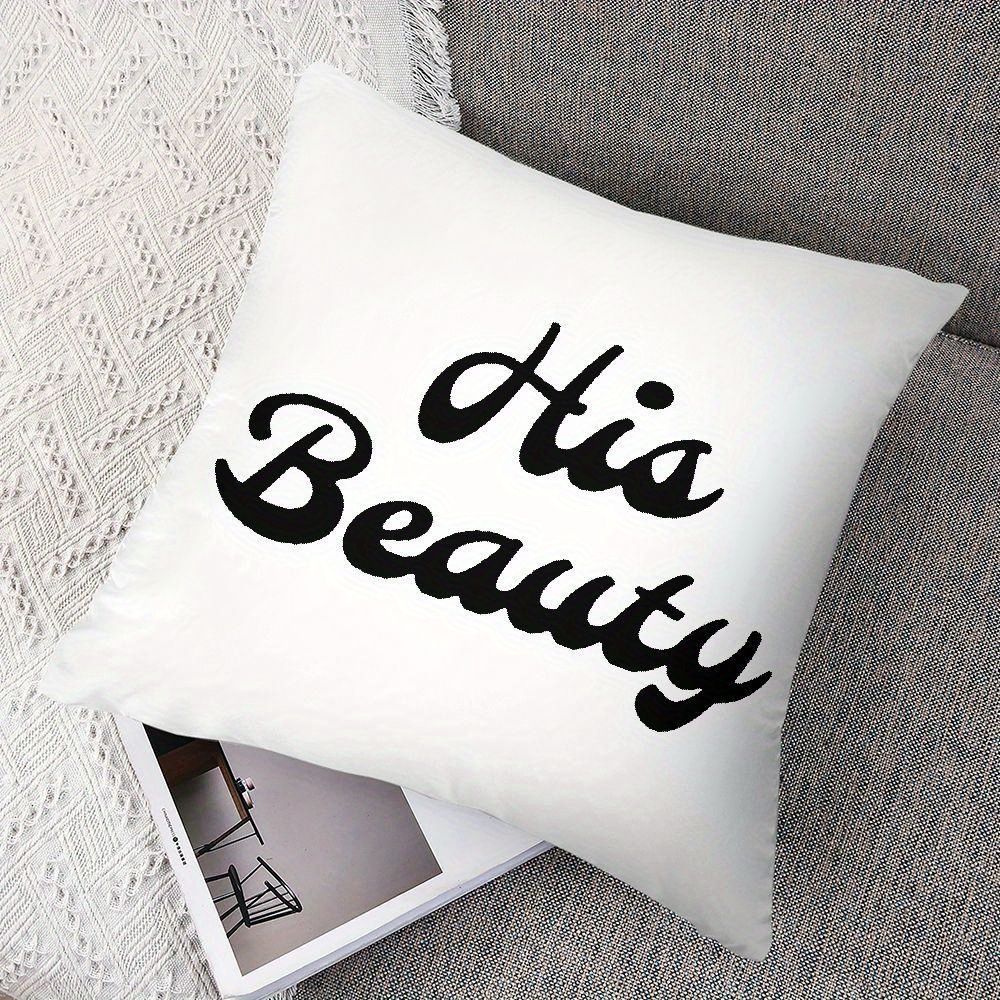 his hers couples pillowcase funny romantic gift with his beauty   initials elegant cursive lettering on white zipper closure hand wash only retro style matching bedding for couples Product details 2