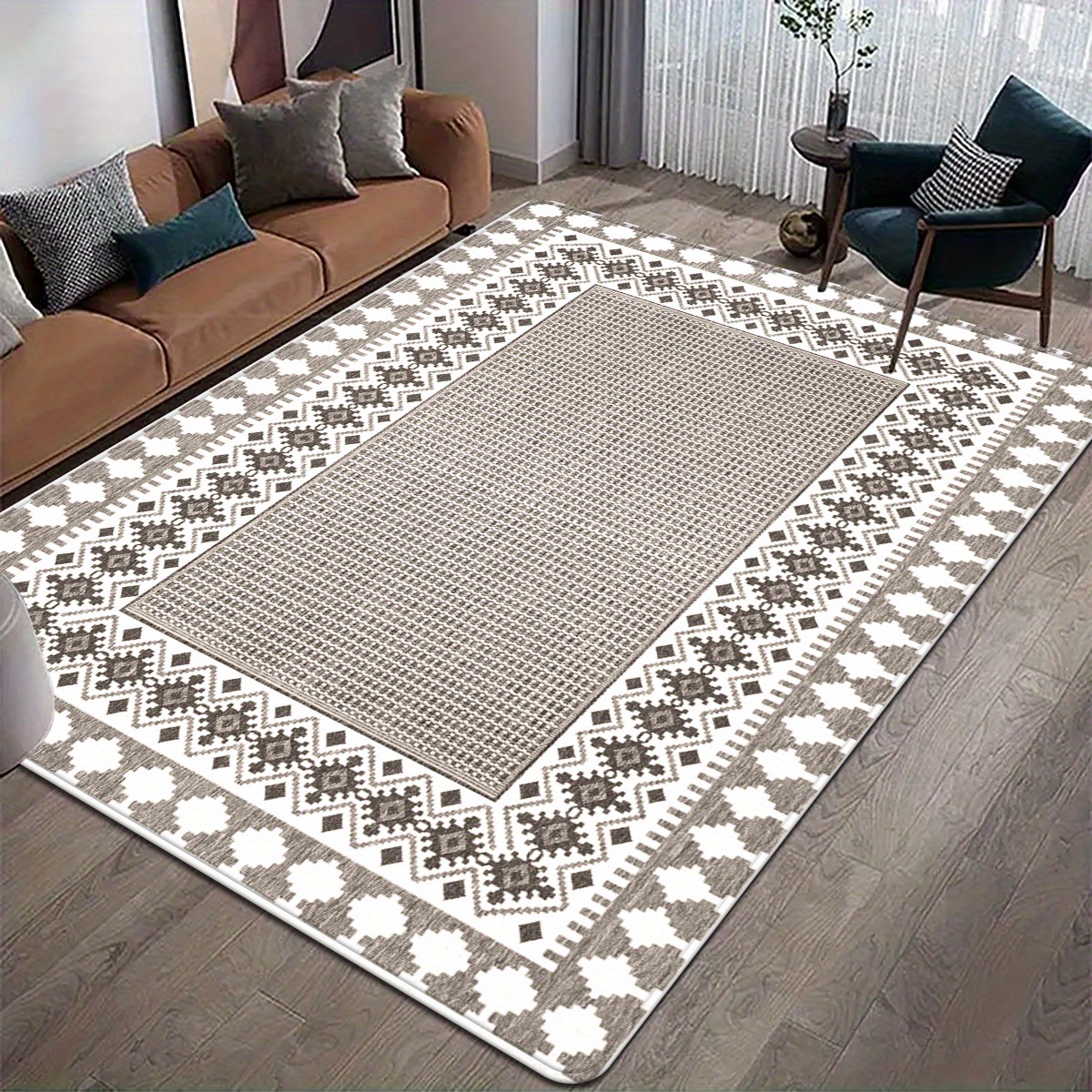 

1pc Chic Gray And White Checkered Pattern Area Rug - Soft Flannel, Fade-resistant, Rectangular Carpet For Bedroom & Living Room , Polyester Backing, Rugs For Living Room