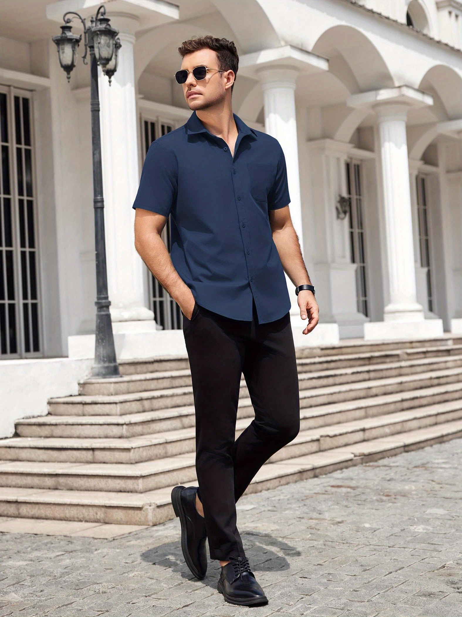 mens short sleeve dress shirts wrinkle Temu