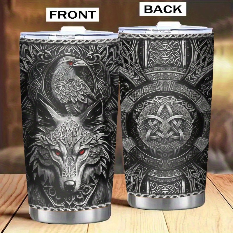 TEMU 20oz Viking-themed Stainless Steel Tumbler - Insulated Travel Mug With Wolf & Celtic , Beverage Cup - Perfect Gift For Men, Birthday, Christmas, Valentine's Day - Reusable, Hand Wash Only