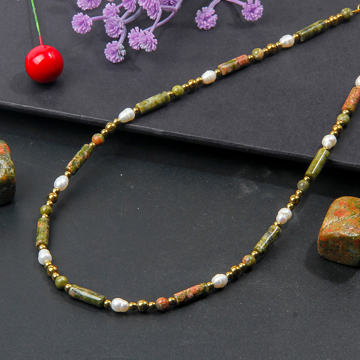 Women's Minimalist Cylinder Bead Necklace with Golden Accents
