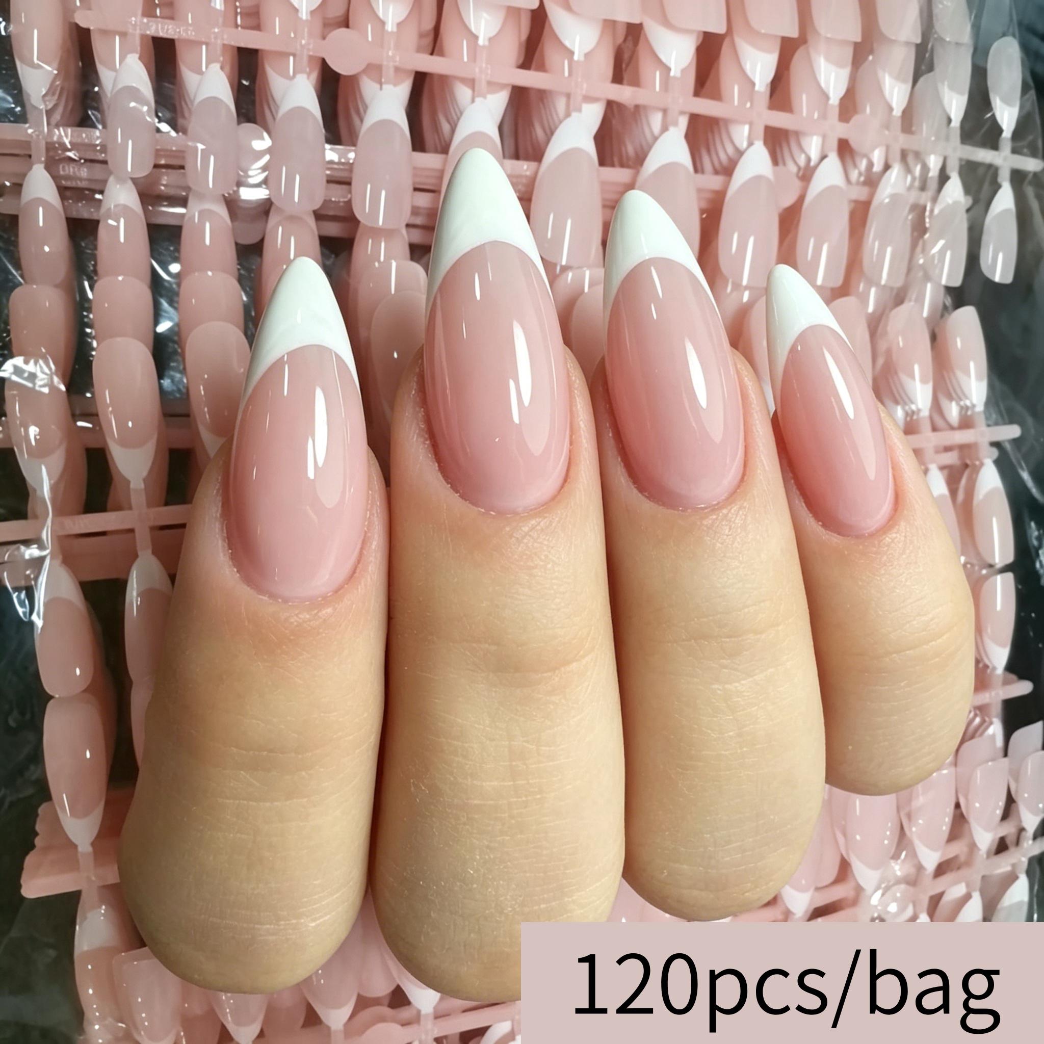 Image of 120pcs Handmade Almond Press On Nails Suitable For Daily Wear, Office, Party - Glossy Full Cover Medium Length Tip Nails With Nude Pink Base, Reusable False Nails For Women &, Application For