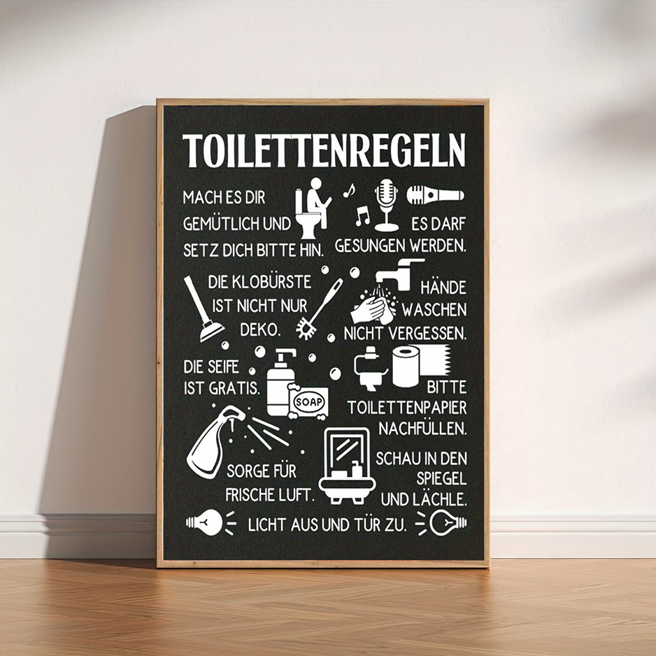 E-shop 2D Flach, 2D Flach, . Deutsche Flagge - Humorvolles WC-Regeln Poster, mit Badezimmer Dekorationsanweisungen, Bauernhaus-Stil, Perfektes Geschenk