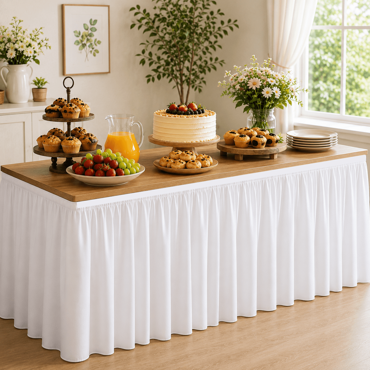 TEMU Detachable Party Table Skirt, Self-adhesive Fastening, Simple Solid Color Draped Style, Suitable For Birthday Banquets, Wedding Dessert Tables,