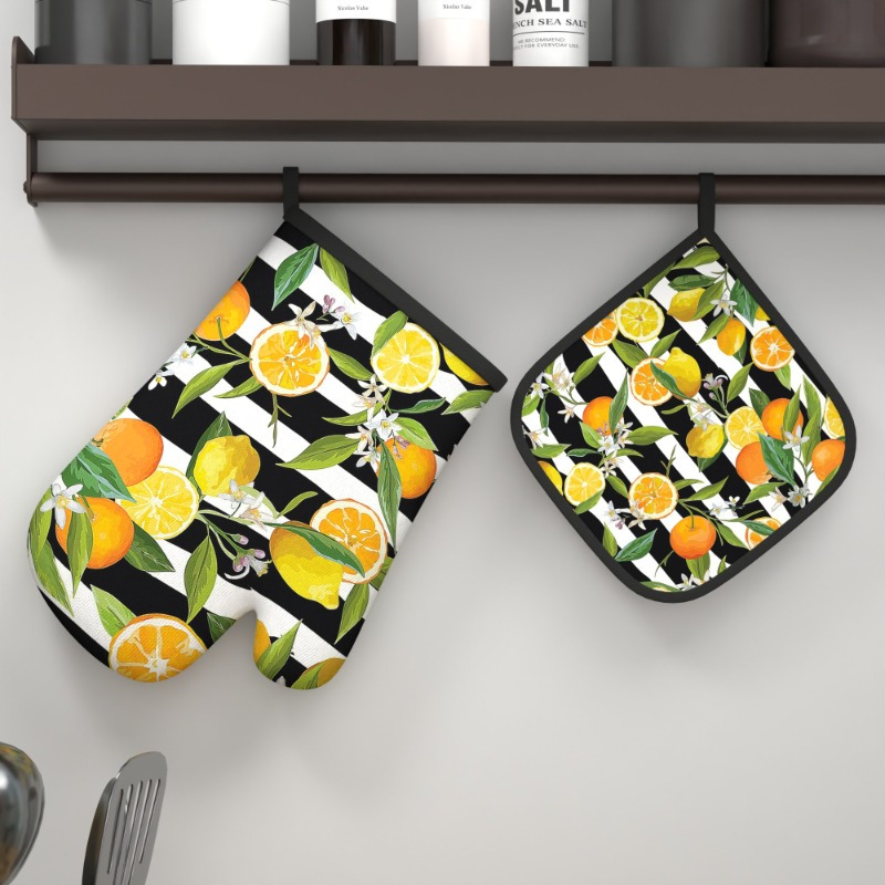 

2pcs Heat Resistant Oven Mitts And Potholders Set, Lemon And Orange Pattern On Checkered Polyester, Machine Washable, Woven, For Grilling, Cooking, Baking, Broiling, Microwave Safe Kitchen Decor