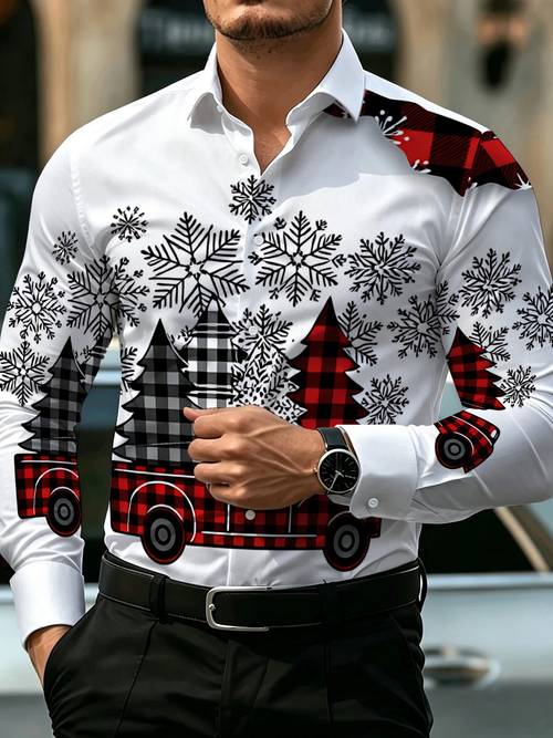mens casual shirt christmas vintage pickup truck with christmas tree print for holiday parties and daily casual wear