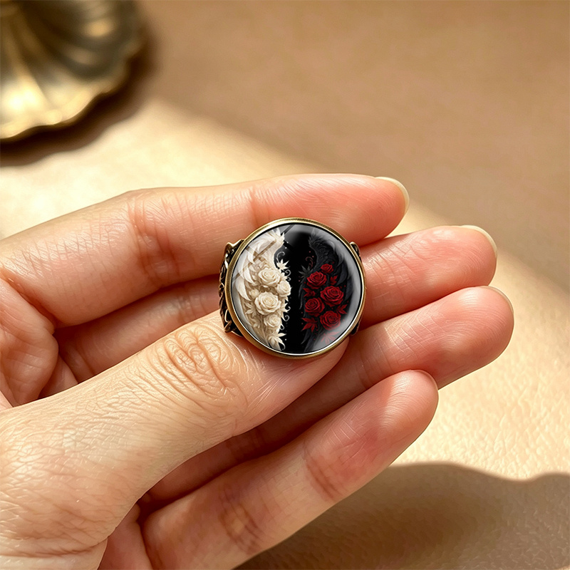 Handmade Yin Yang Glass Dome Adjustable Unisex Ring