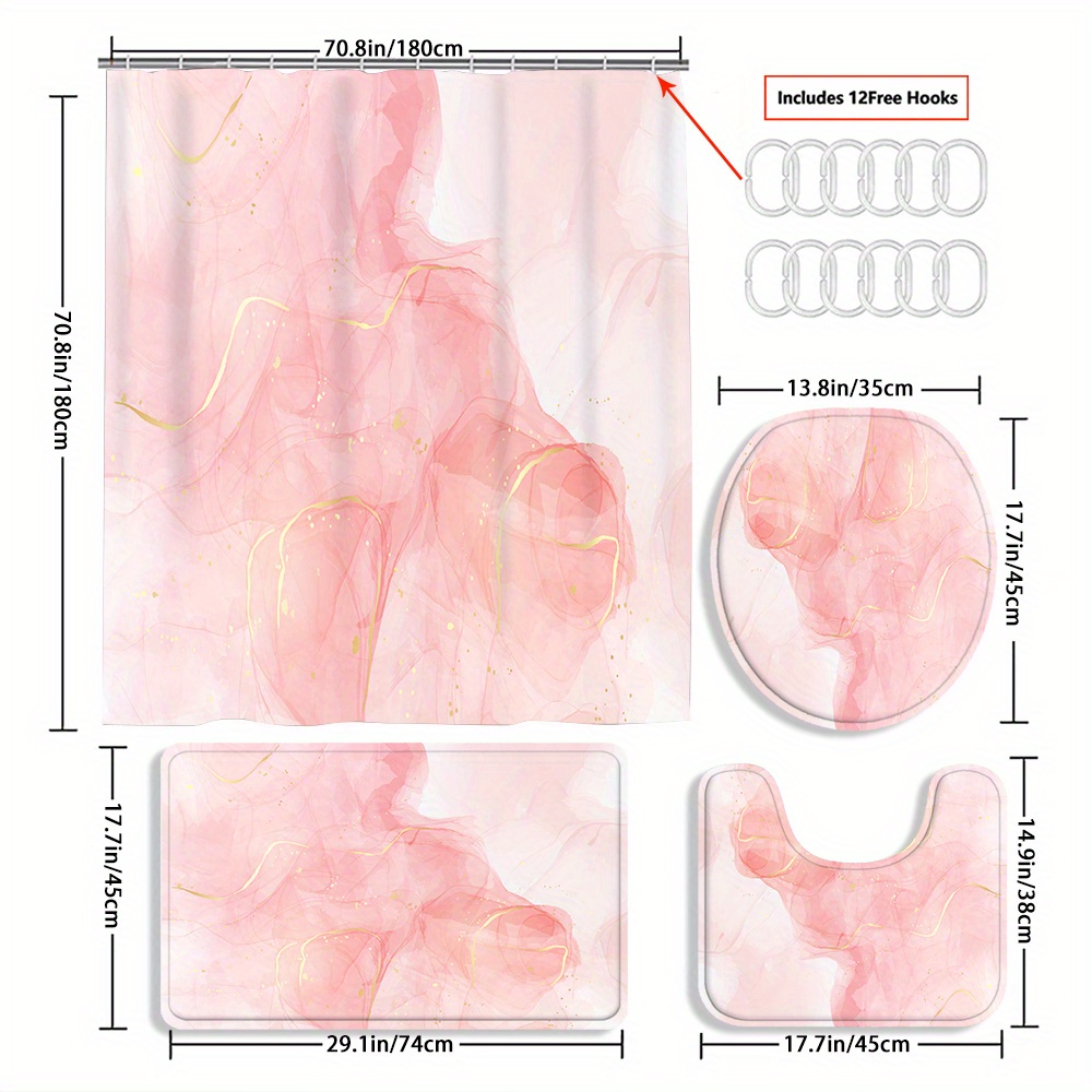 TEMU 4pcs Pink Golden Patterned Marble Curtain Shower Curtain Decoration, Beautiful Housewarming Gift Decoration, Shower Curtain And Toilet Floor Mat 3 Piece Set With 12 Shower Curtain Hooks