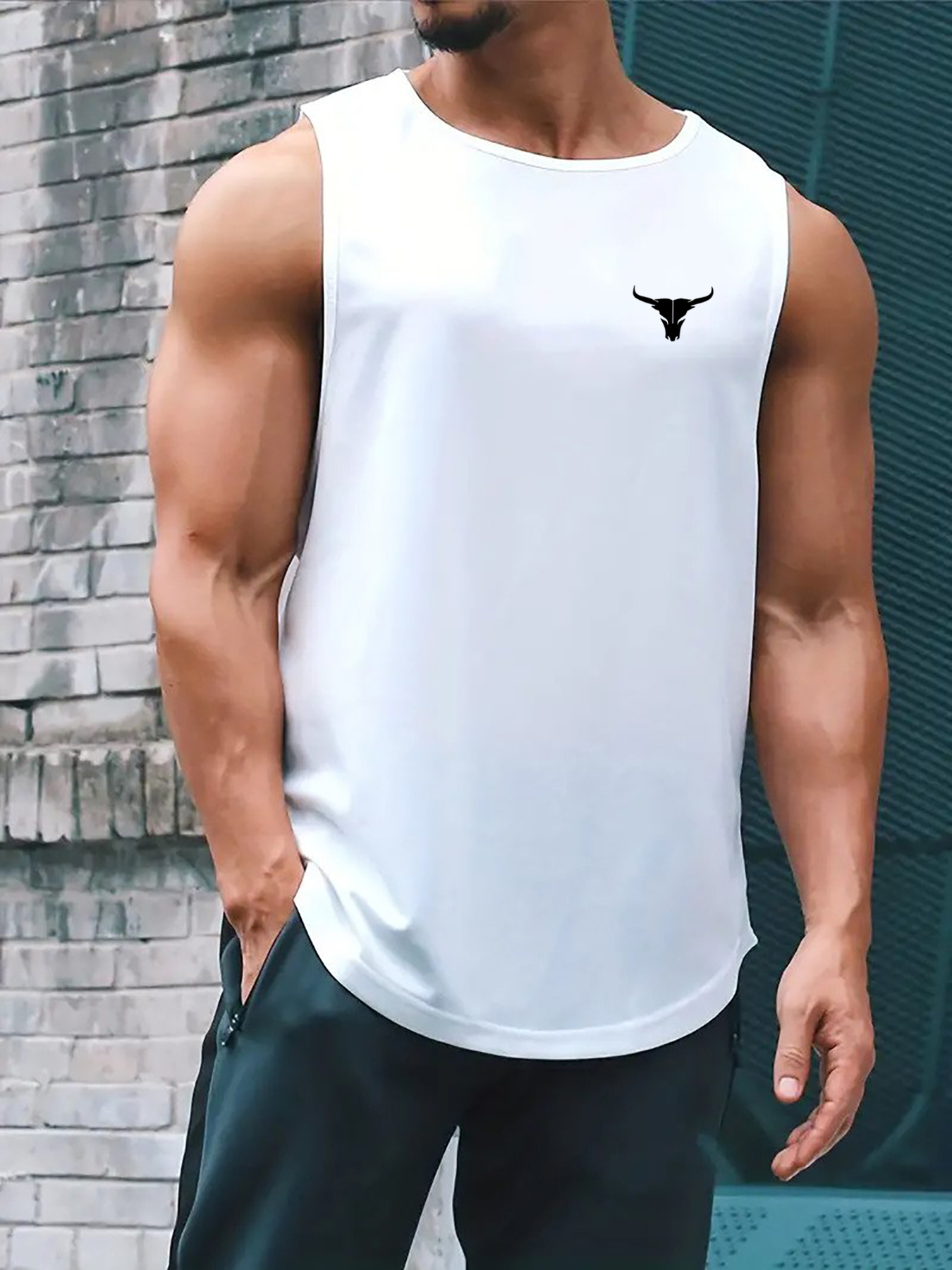 Men's Summer Athletic Tank Top - Breathable, Sweat Absorbent, Loose Fit Sleeveless Shirt for Gym, Training & Basketball - White with Black Bull Head Design, Gym Apparel | Sweat Absorbent Fabric, Gym Shirts
