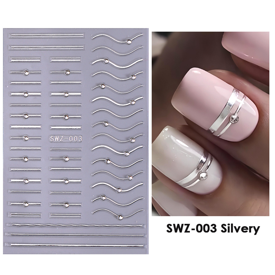 Image of 3d Nail Art Stickers With Rhinestones Simple Wave Curve Tap Golden Silvery Sparkling Stripe Decals Creative Manicure Supplies