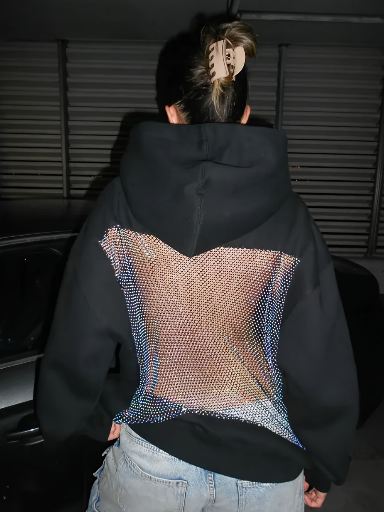 Women'S Backless Mesh Hooded Sweatshirt | Geometric-Pattern Winter Warm Pullover | Casual Loose Fit Layer | Fuyule Brand, Regular Fit, Long Sleeve