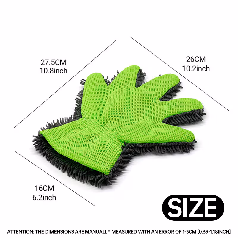 chenille thickened five wash gloves size 27 5 26cm 10 8 10 6in multi scene use dual sided car wiping and dust removal without damaging paint cleaning wheel hubs with mesh and foam green car wash gloves household dusting gloves Product details 9