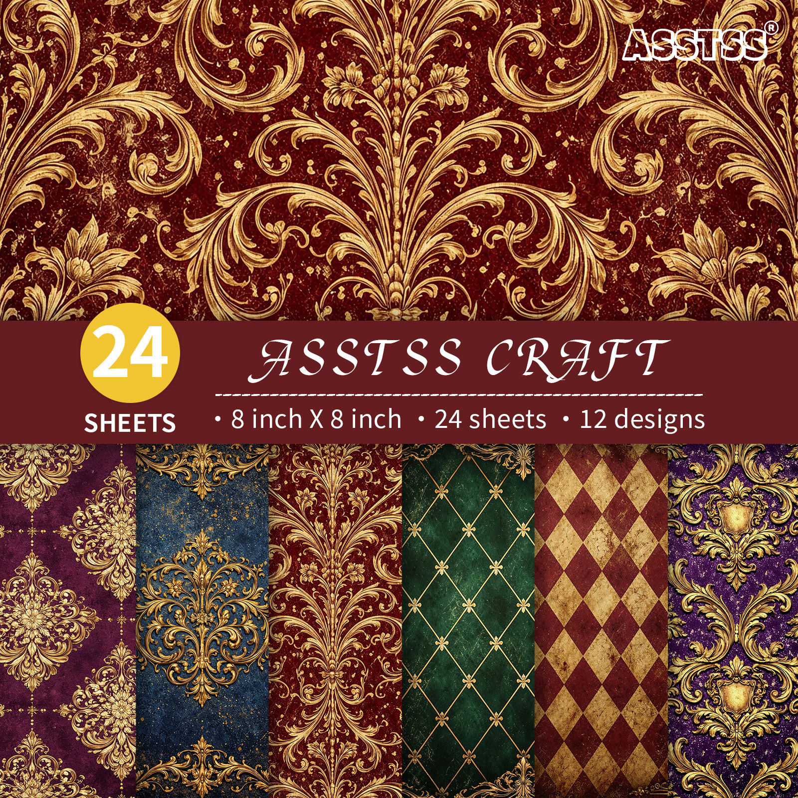 TEMU 24-sheet Asstss Gothic Damask & Royal Floral Scrapbooking Paper Pad - Heavyweight Cardstock Suitable For Journaling, Collage Art, Junk Journals,