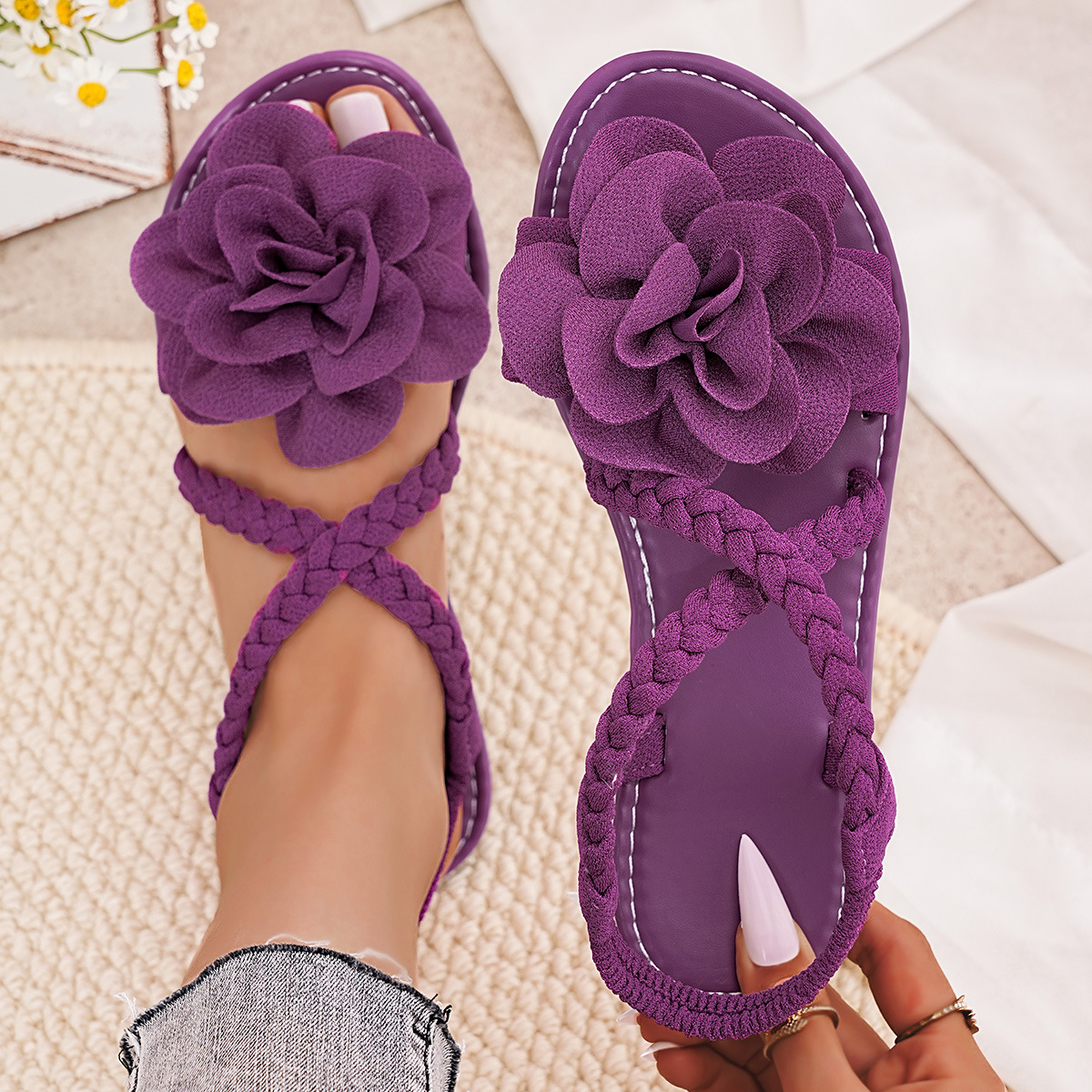 Image of New 2026 Women's Flat Sandals With Floral Buckles, Flower Decorations And Ankle Single Straps. Breathable Outdoor Casual Summer Slides, Versatile Daily Wear Sandals, In Large Sizes., Women Shoes