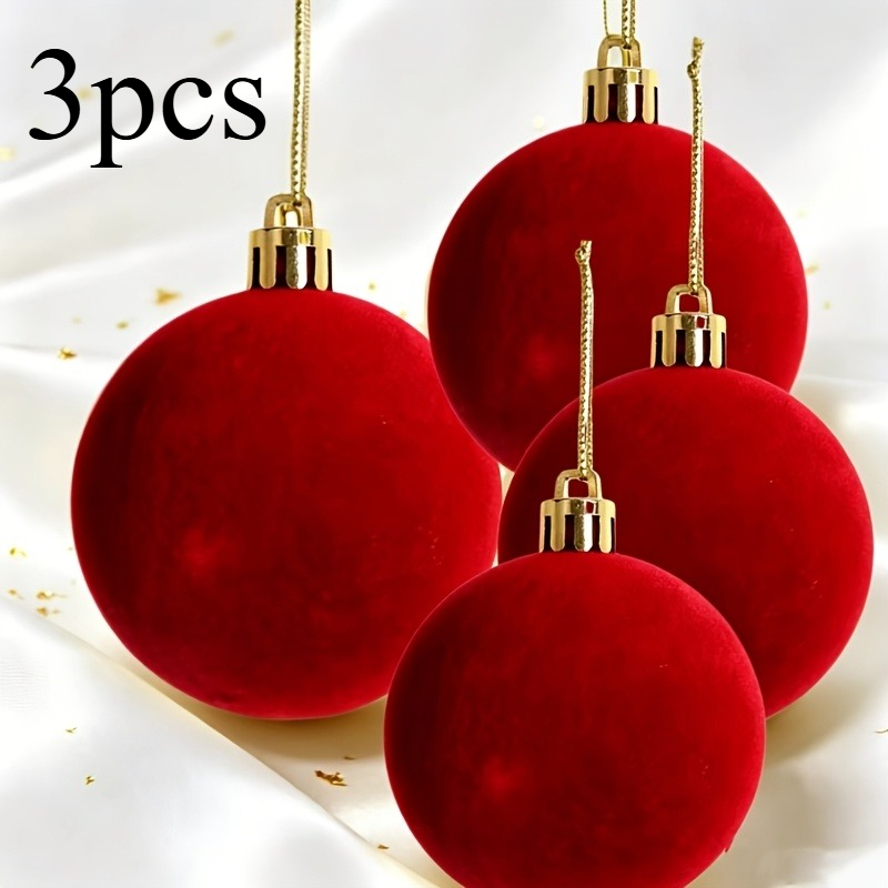 TEMU 3pcs Extra Large 10cm Burgundy Flocked Christmas Ornaments With Golden Hanging Covers, Large Velvet Christmas Hanging Balls For Christmas Tree