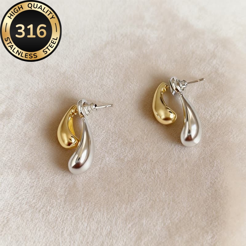 Women's Hypoallergenic Two-Tone Golden Silver Teardrop Stud Earrings