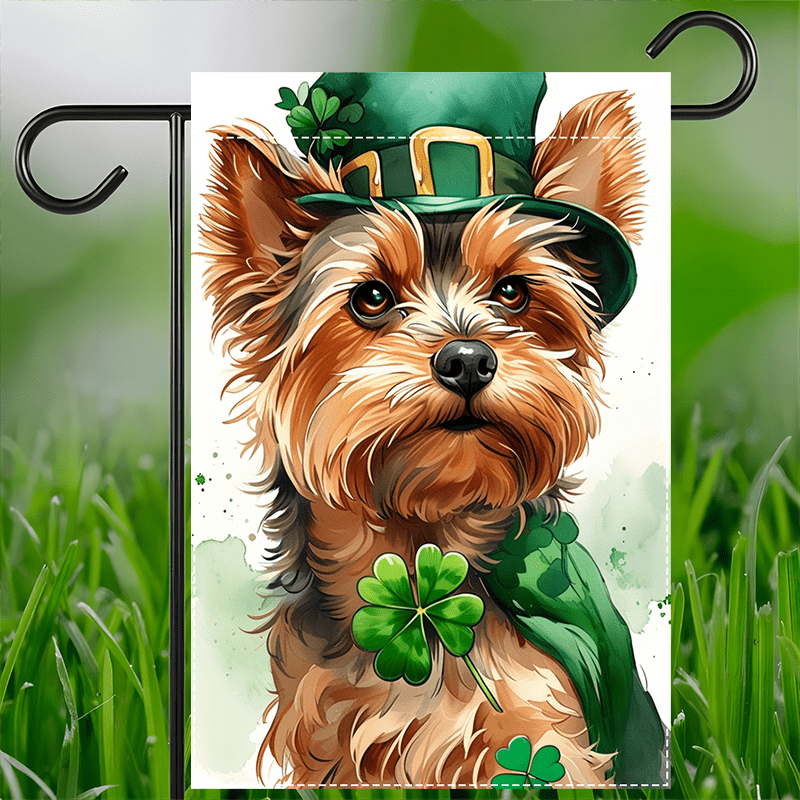 

Happy 's Day Garden Flag - Double-sided Waterproof Burlap, Lovely Yorkshire Dog And Shamrock Design, Polyester, Spring And Summer Yard Decorations, 12x18 Inch, No Flagpole Included