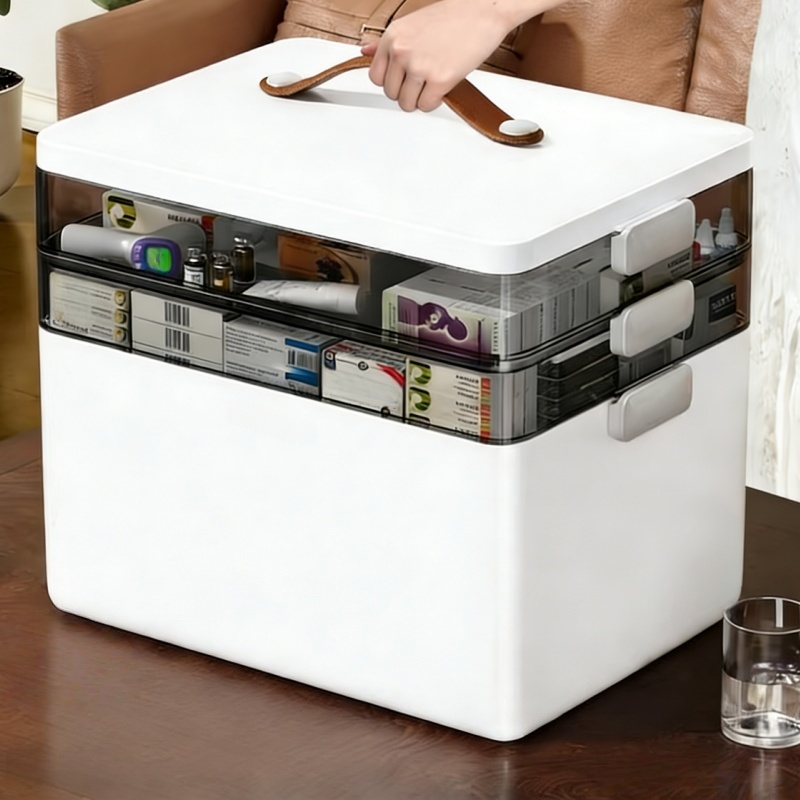 TEMU 1pc Large Capacity Medicine Storage Box | Durable, Multi-layered Plastic Pill Organizer With Handles For Household, Travel & Office Use - ,
