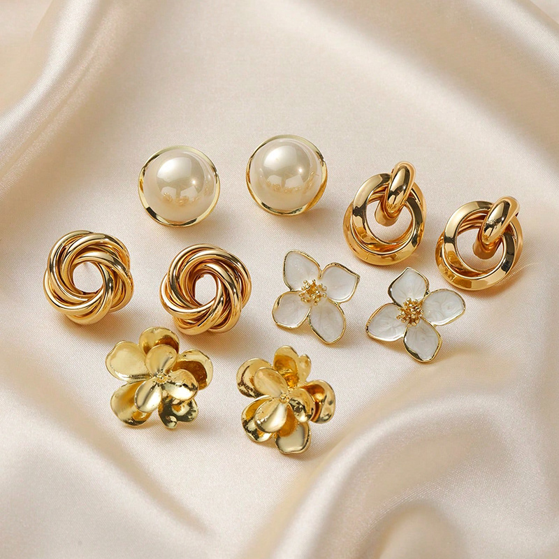 TEMU 10pcs Light Versatile Daily Wear Drop-shaped Floral Round Minimalist Fashion Stud Earring Set