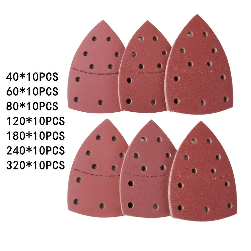 TEMU 70pcs Sandpaper Set Red Triangular 11-hole Palm-shaped Self-adhesive Mouse Hair Brush Surface Sandpaper Suitable For 40/60/80/120/180/240/320