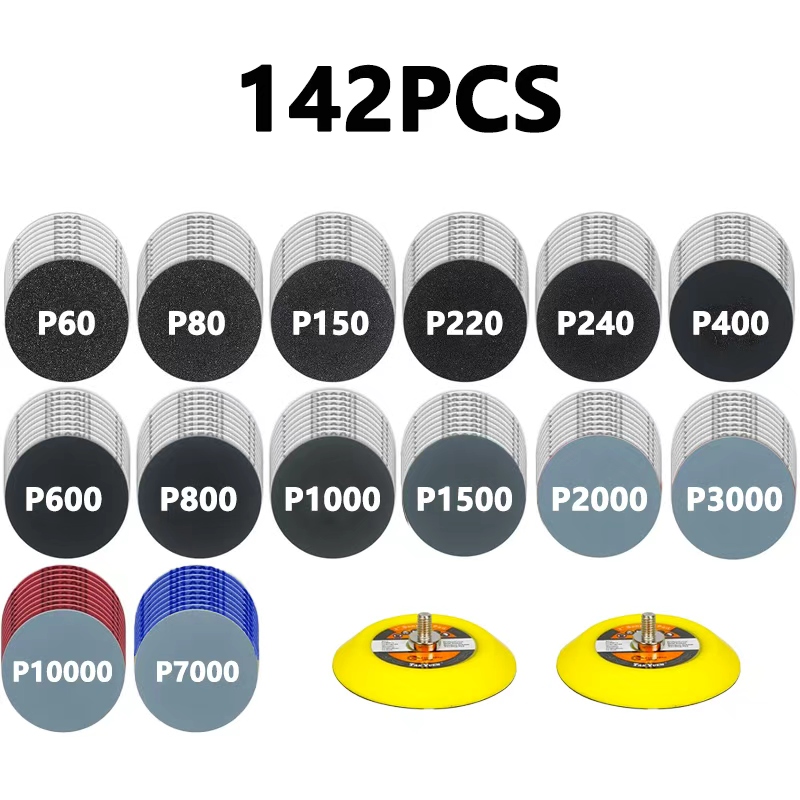 E-shop 142-teiliges 50mm 2-Zoll Doppelnutzungs-Schleifpapier-Set für Autoscheinwerfer-Restaurierung, Lackkratzer-Reparatur Polieren, Mittlere Körnung