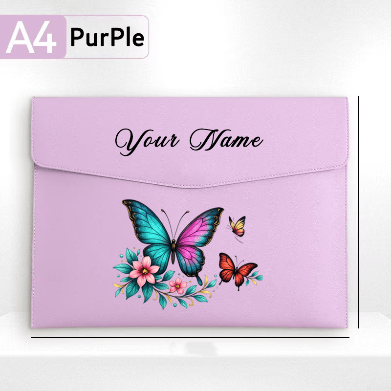 TEMU 1 Classeur à nom personnalisé, porte-documents format A4 en cuir PU avec imprimé papillon, convient pour de documents , de bureau et scolaires,
