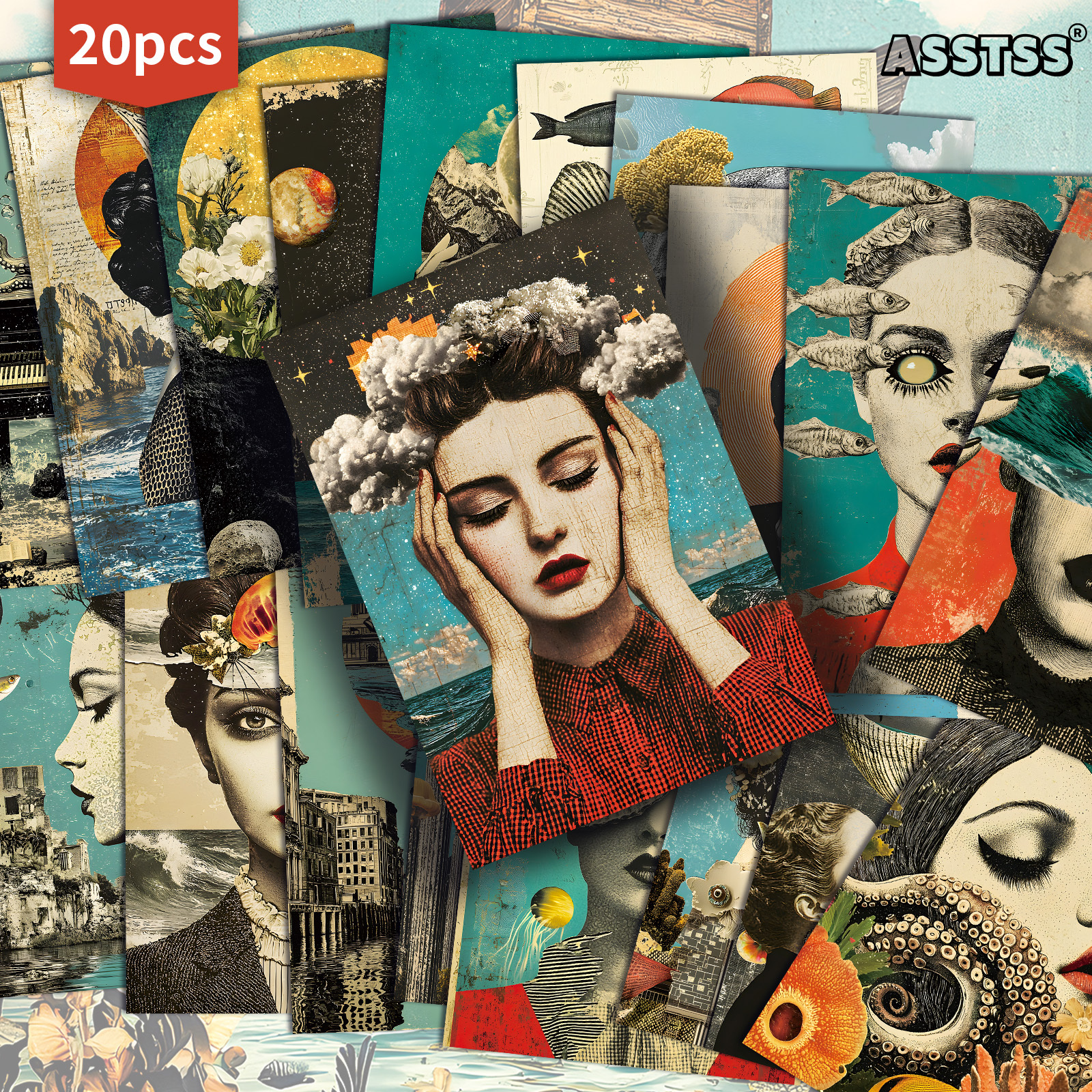 Image of 20-pack Asstss Vintage Surreal Nautical Collage Postcards - 4x6 Inches Retro Junk Journal Paper, Classic Pinup Illustrations, Collectible Decorative Painting Cards For Scrapbooking And Crafting