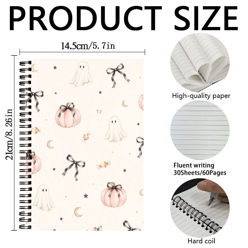 TEMU 1pc Cute Halloween Style Spiral Notebook, Ghost Pumpkin Bow Moon Star Pattern; Contains (60 Pages) Lined Paper. Suitable For School Or Office