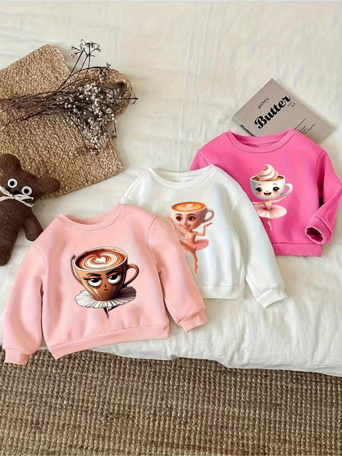 3 peças de suéteres italian brainrot para meninas - pulôver rosa   e   com personagens fofos de xícara de café, lavável à máquina & blusas infantis para outono/inverno,   escolares, looks   a dia - conjuntos de malha casual infantil, roupas de inverno para meninas, design divertido, confortáveis, moda   para crianças