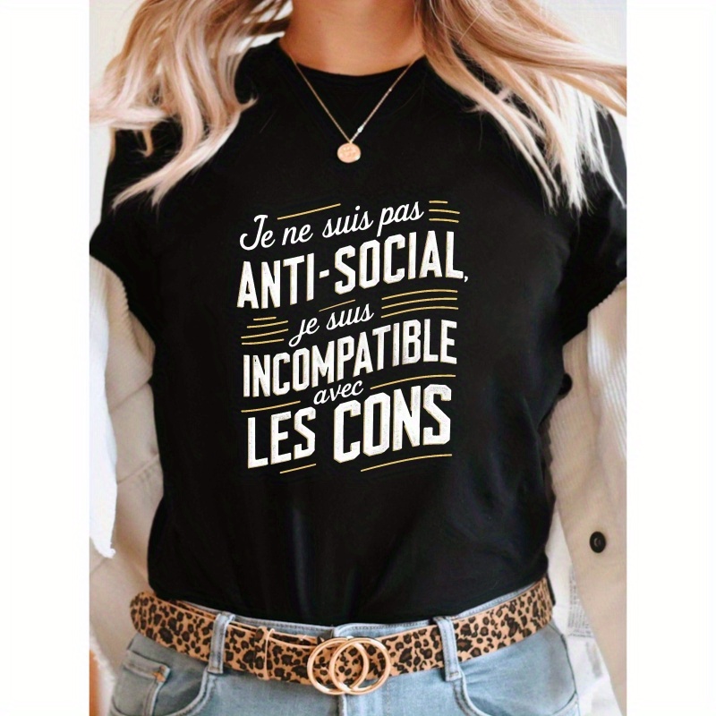 

T-shirt imprimé avec un en français, manches courtes, col rond, haut décontracté pour l'été et , vêtements pour femmes.