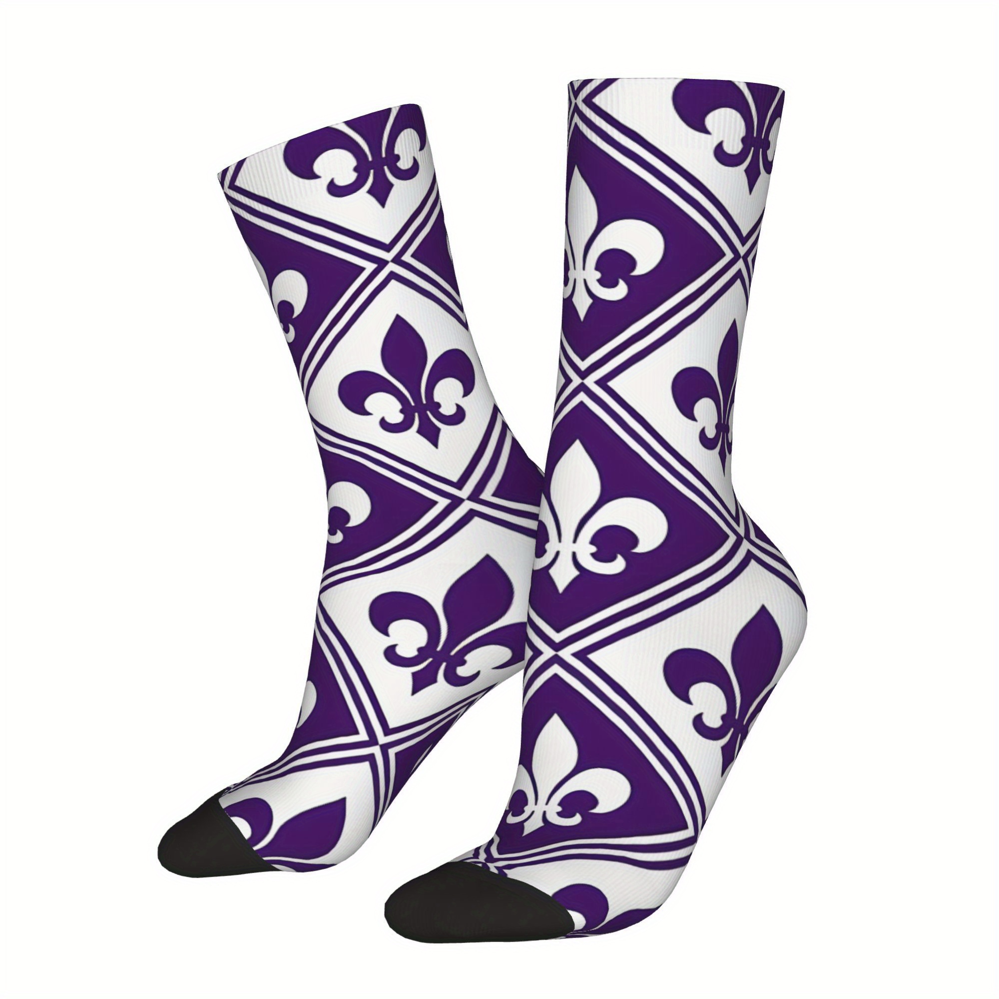 

1 Pair Men's Novelty Purple Fleur & Diamond Pattern Crew Socks, Hip Hop Style, Knit Polyester Fabric With Elastane, Socks