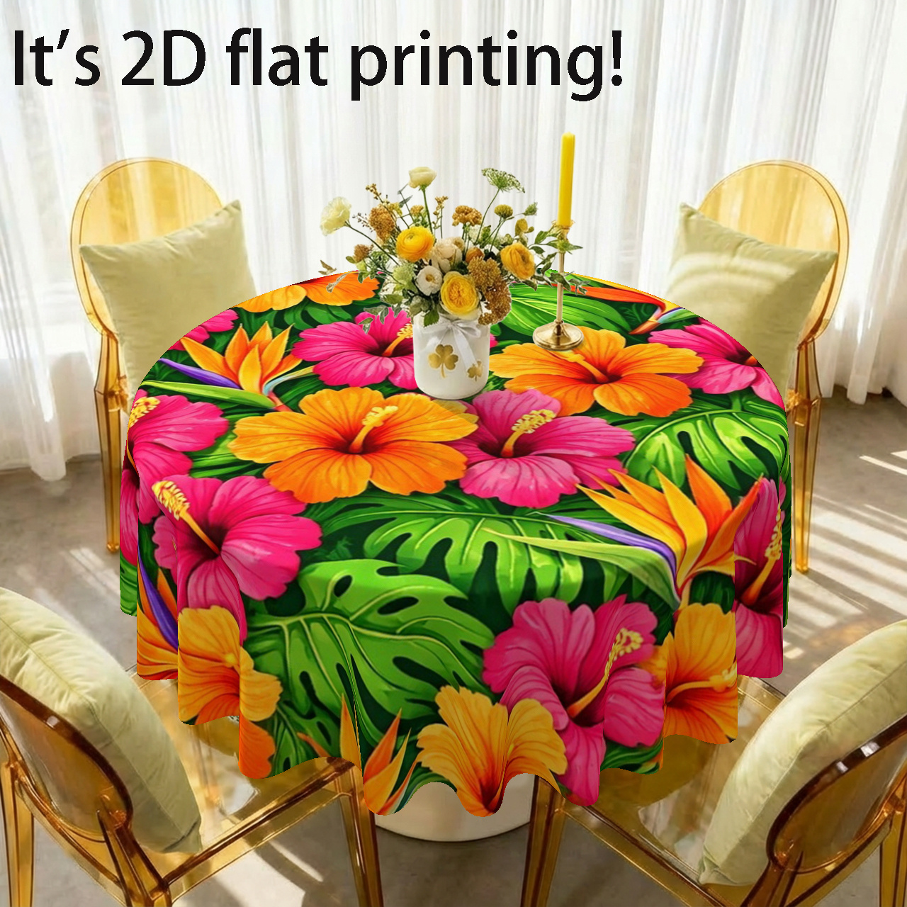TEMU A Single Tropical-themed Table Cover For Round Tables Featuring A Vibrant , Using 2d Printing. Ideal For Summer Events, Parties, Picnics, And