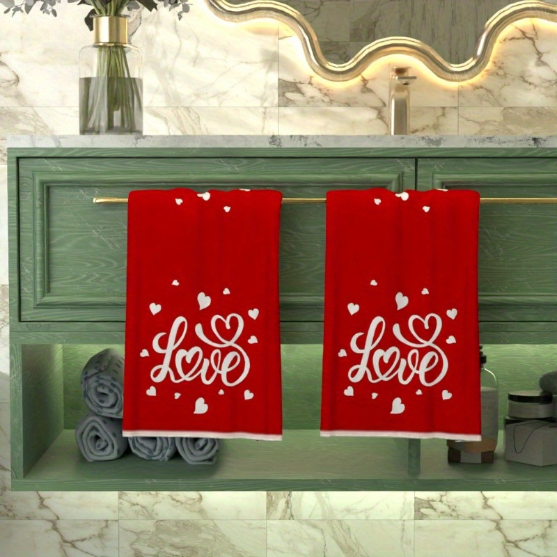 

2pcs Heart Towels - 18x26 Inches, Quick-dry Polyester, Red With White Hearts & "love" Design, Kitchen, Bathroom, Gym, Or Valentine's Day Gift, Decor, Bathroom | Decorative Towels | Material