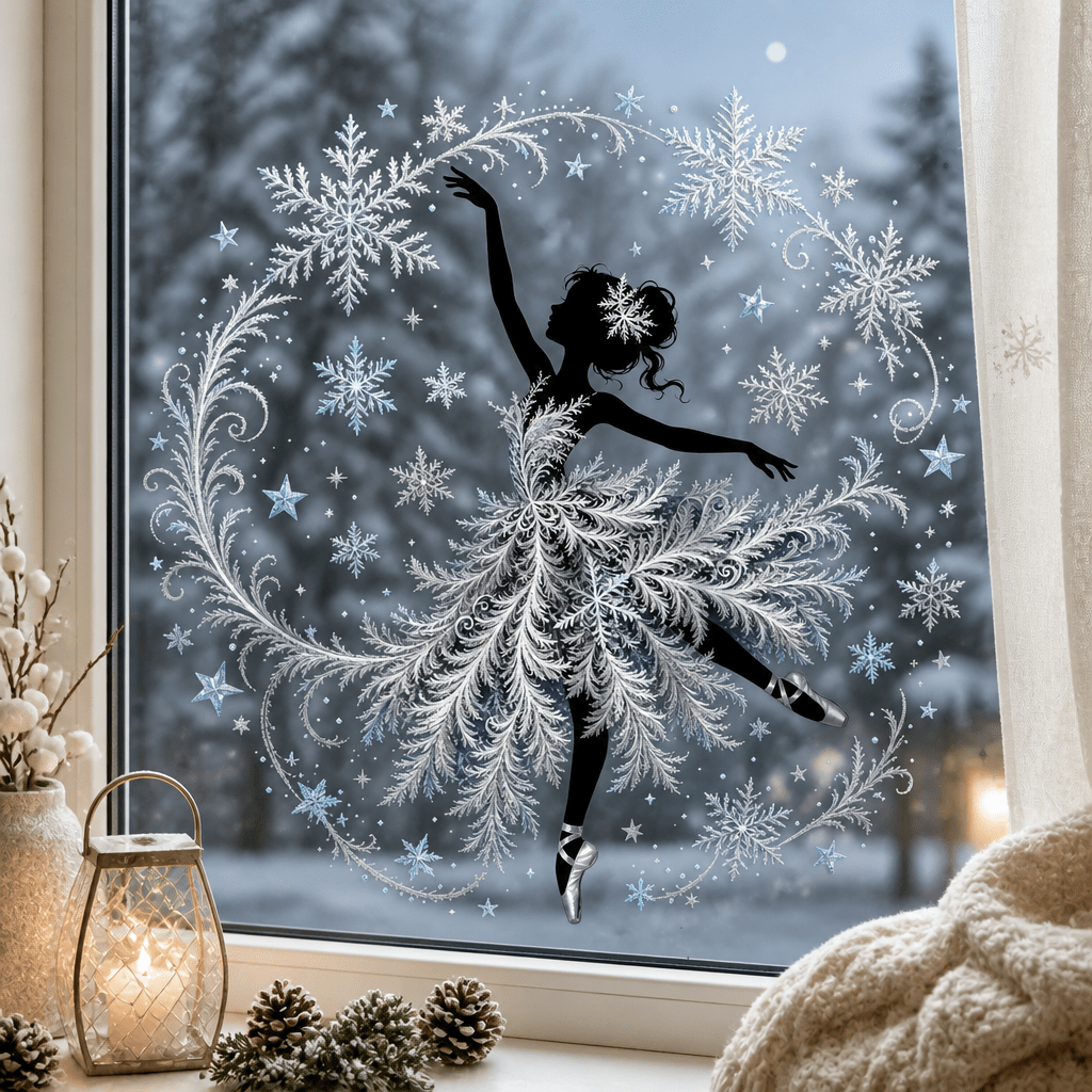 TEMU 1pc Christmas Winter Electrostatic Window Cling, Elegant Ballerina Silhouette With Silvery-white Lace Texture Snowflake Window Sticker, Reusable