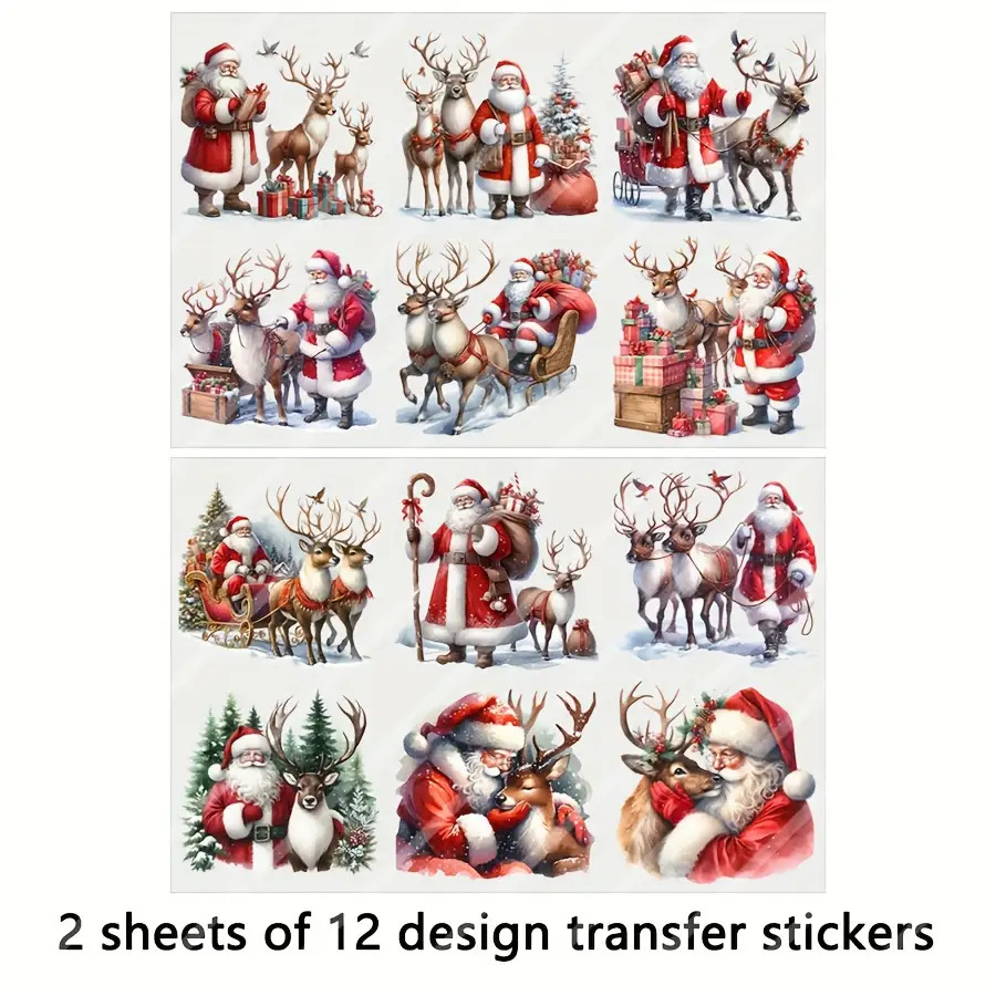 E-shop 2 Blatt Weihnachtsmann Rentier 12 UV DTF Transfer Winter Weihnachtsmotiv Geeignet für Tassen Kaffeebecher Glasvasen Laptops Handyhüllen