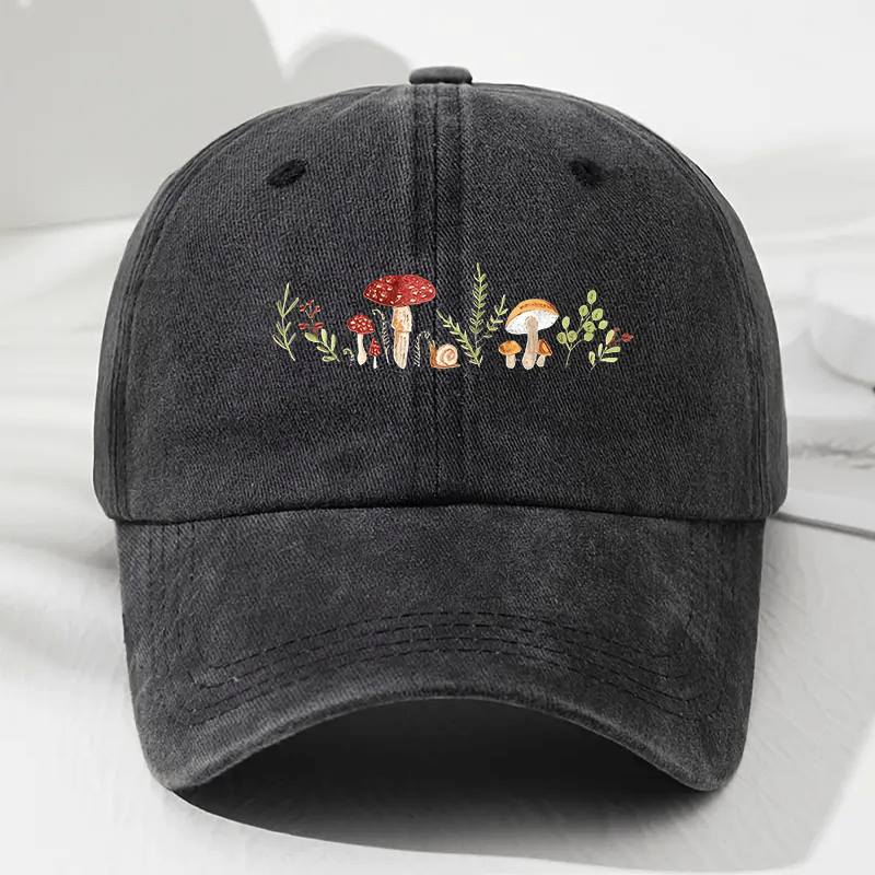 TEMU Vintage Baseball Cap With Fantasy Mushroom And Leaf Pattern, Adjustable Zipper Closure And Curved Brim - Unisex For Outdoor Travel, Camping,