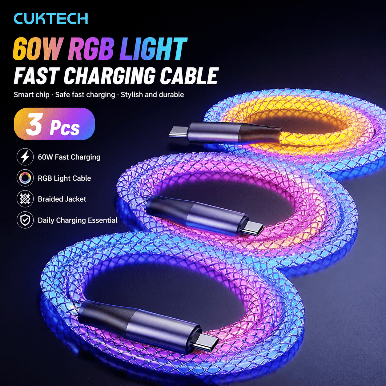 TEMU New 60w C To C Fast Charging Data Cable Rgb Light Gradual Change Color Fast Charging Braided Data Cable, Support Iphone15 16 Charging, Suitable