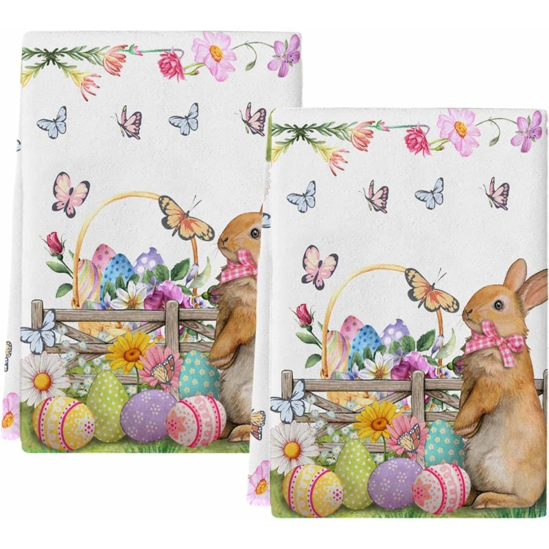 

2pcs Polyester Kitchen Towels, 18x26 Inches - Easter Bunny & Colorful Eggs Design With Flowers & Butterflies, Absorbent & Reusable Dish Cloths, Home Decor