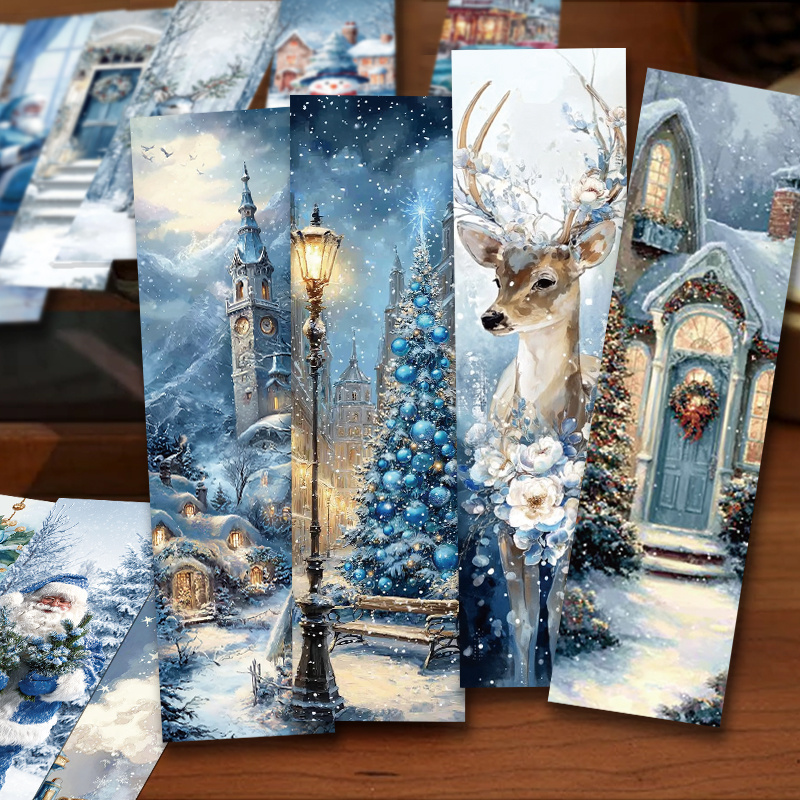 TEMU 30 Blue Christmas Bookmarks, Winter Minimalist Artistic Cartoon Fun Irregular-shaped Bookmarks Featuring Santa Claus, Christmas Tree, Reindeer,