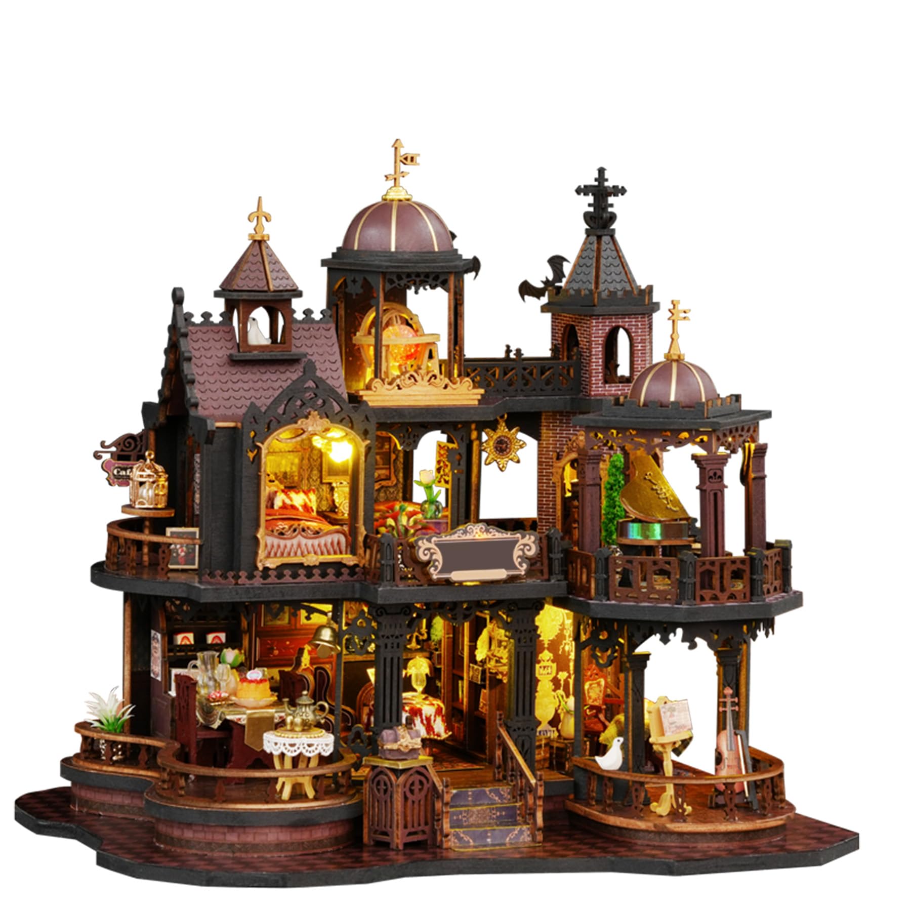 Image of Miniature House Kit With Led, Castle With Music Box And Dust Cover, 3d Wooden Puzzle Book Nook Kit, Creative Bookshelf Decor & Unique Gift (magic Castle)