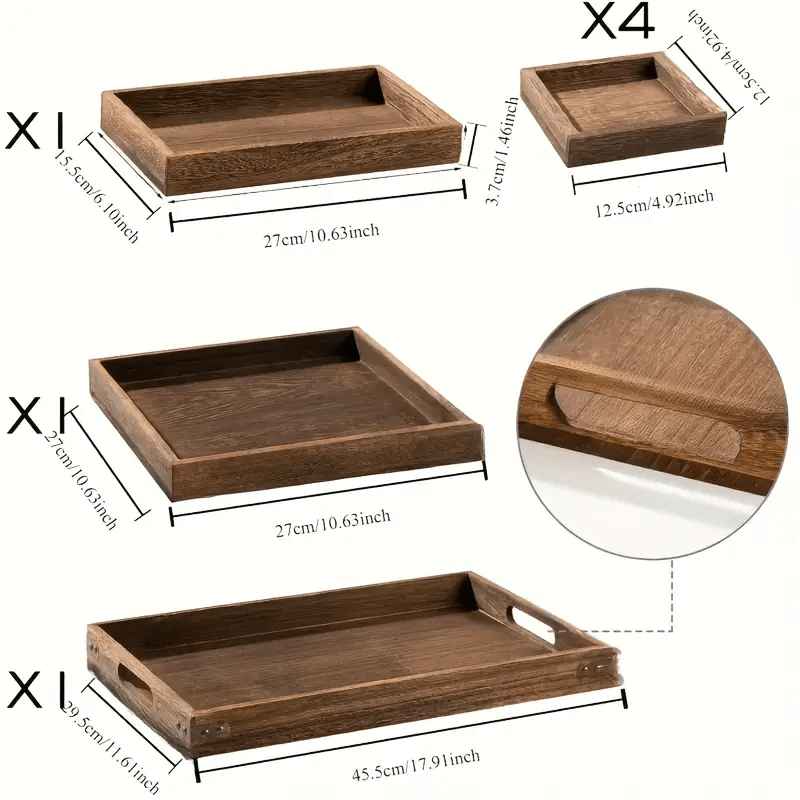 TEMU Set Of 7 Wooden Serving Trays - Featuring Handles, Compact Breakfast & Party Trays For Home Decoration, Coffee Table, Rustic Farmhouse Style